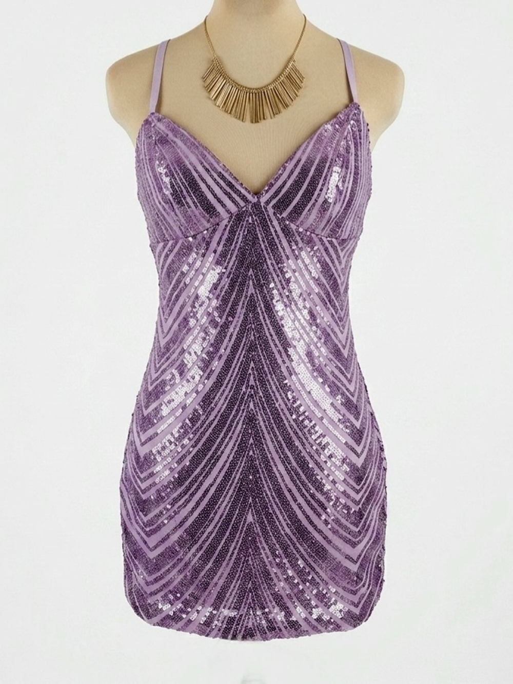Purple Sequin Mini Dress with V-Neck